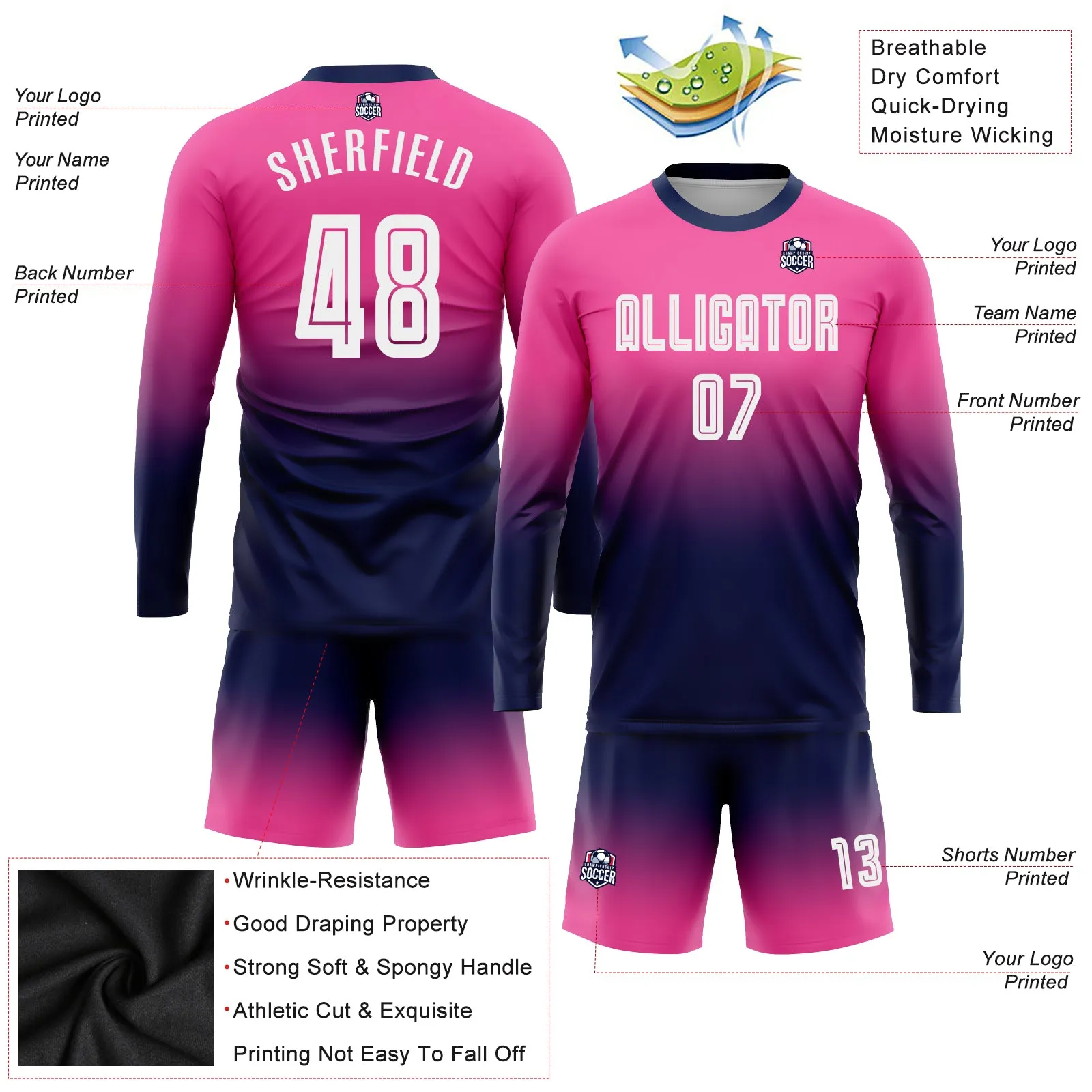 Custom Pink White-Navy Sublimation Long Sleeve Fade Fashion Soccer Uniform Jersey