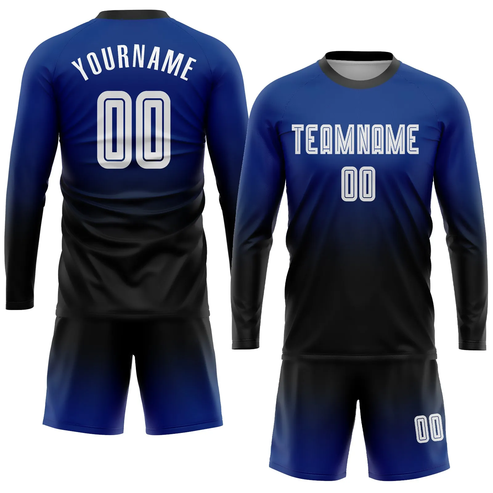 Custom Royal White-Black Sublimation Long Sleeve Fade Fashion Soccer Uniform Jersey