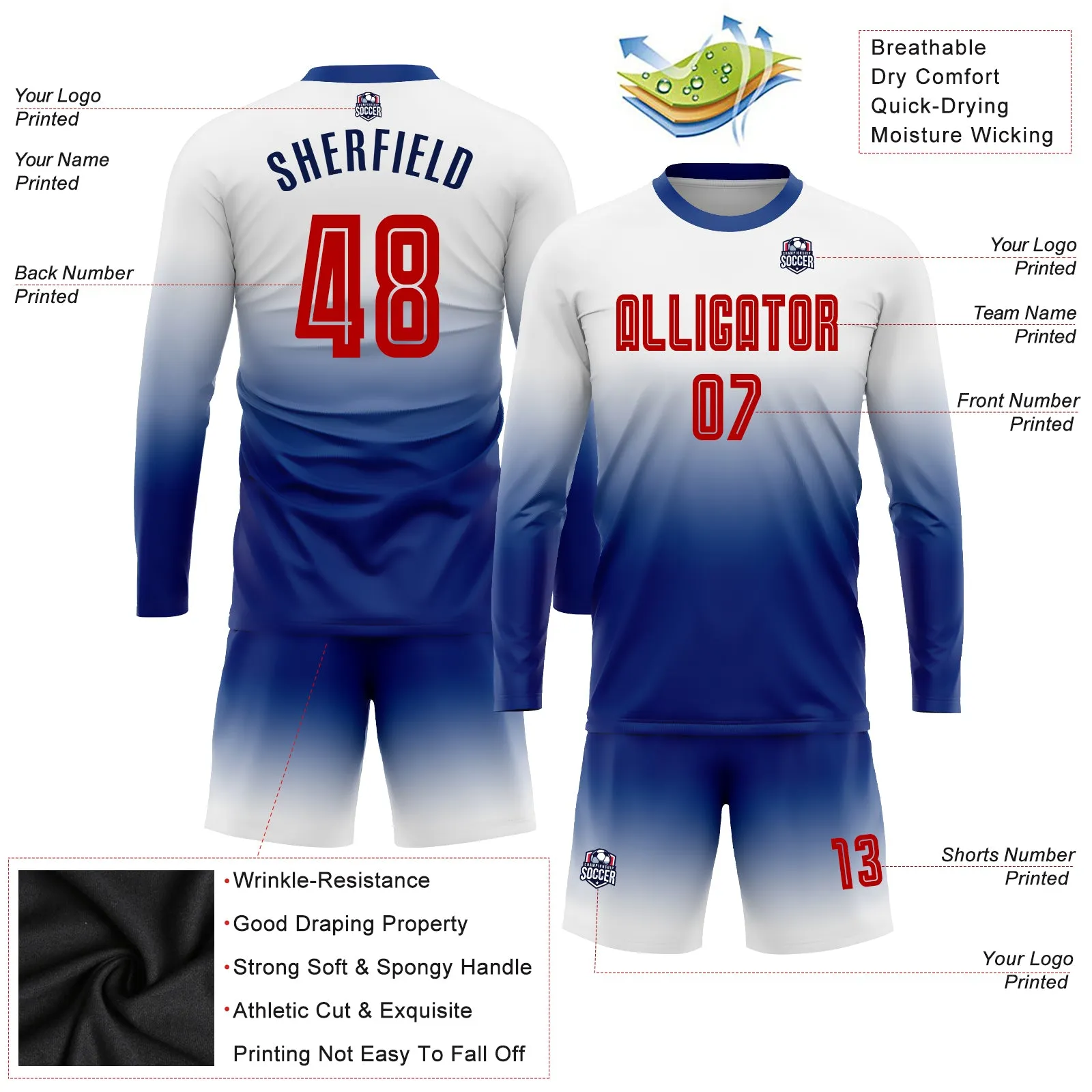 Custom White Red-Royal Sublimation Long Sleeve Fade Fashion Soccer Uniform Jersey