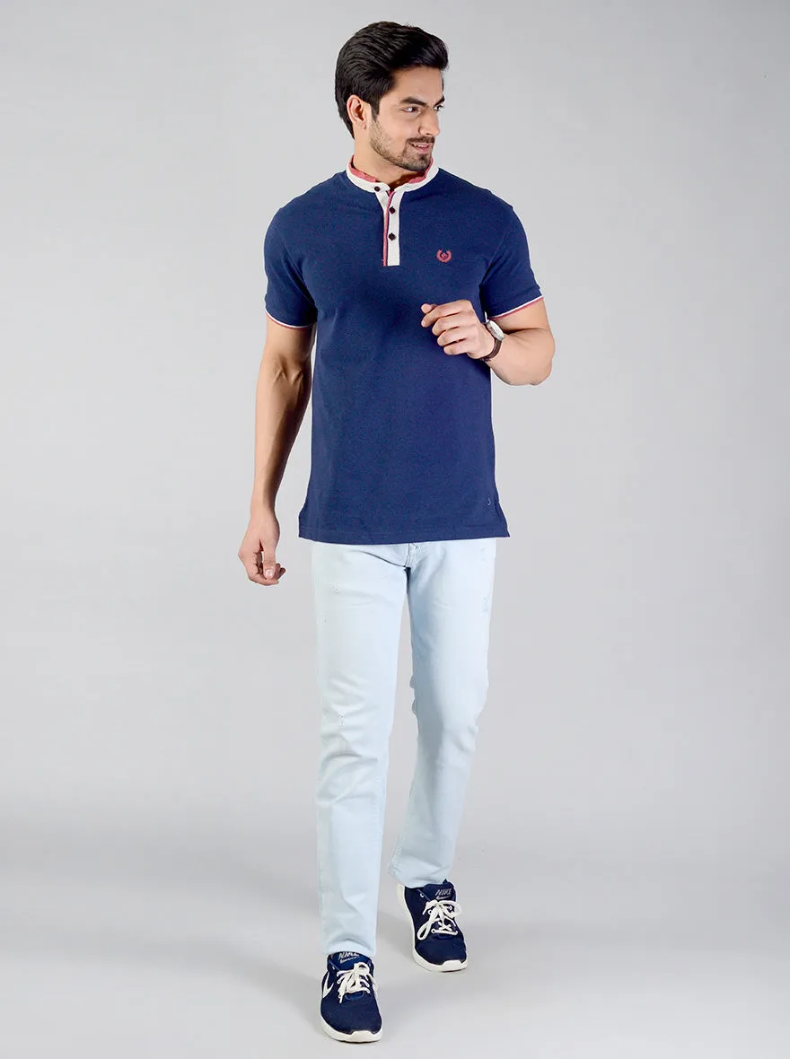 Deep Blue Solid Slim Fit Polo T-shirt | Greenfibre