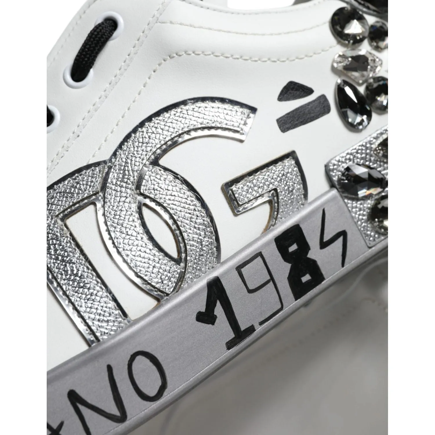 Dolce & Gabbana White Silver Crystal Logo Portofino Sneakers Shoes