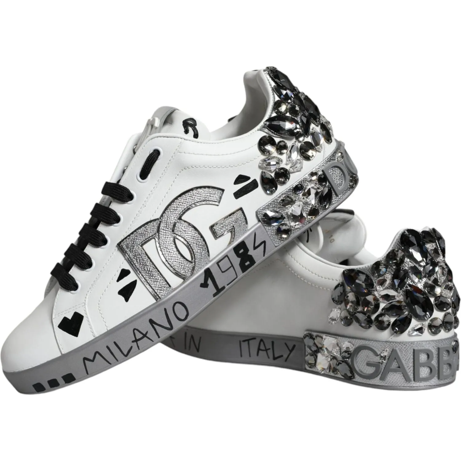 Dolce & Gabbana White Silver Crystal Logo Portofino Sneakers Shoes