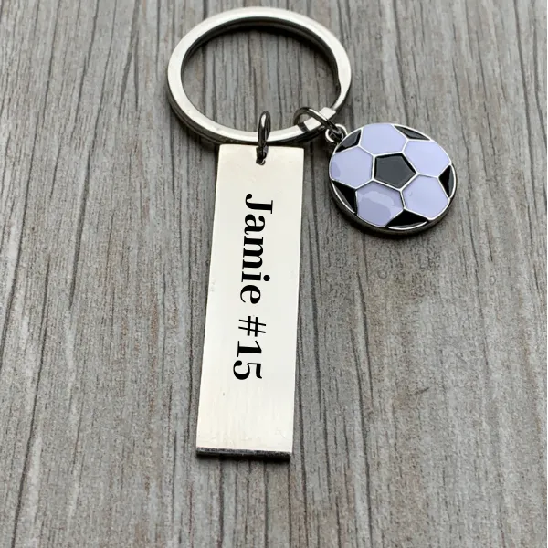 Engraved Soccer Ball Bar Keychain