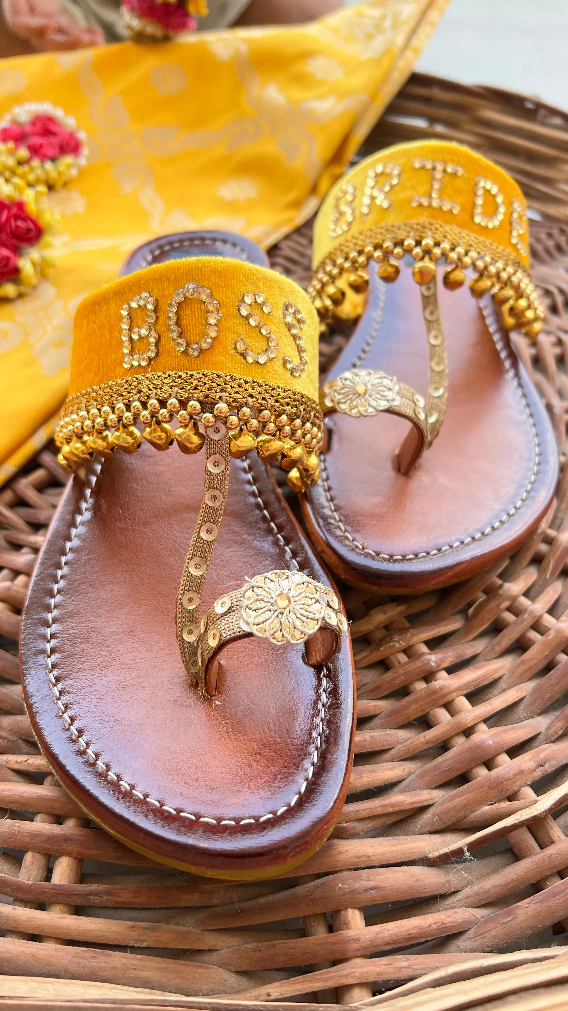 FUNKY N TRENDY hand crafted wedding theme kolhapuri for bride / handcrafted flats / quirky flats/boss bride kolhpauri / boss bride flats / yellow flats / haldi theme kolhapuris