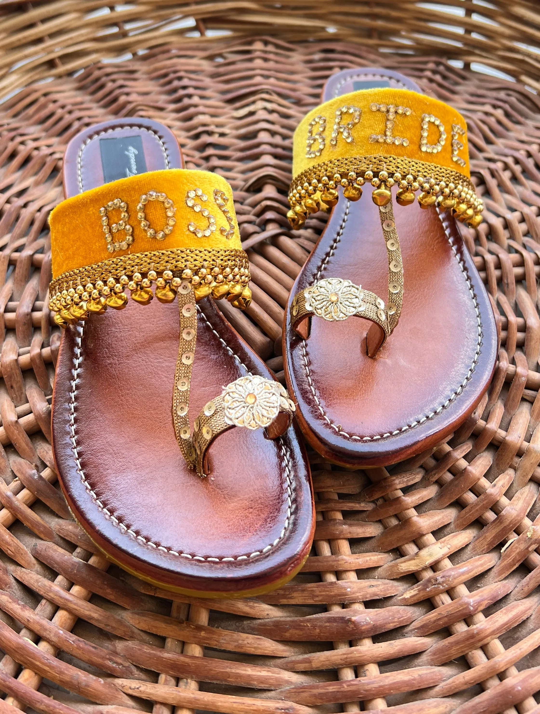 FUNKY N TRENDY hand crafted wedding theme kolhapuri for bride / handcrafted flats / quirky flats/boss bride kolhpauri / boss bride flats / yellow flats / haldi theme kolhapuris