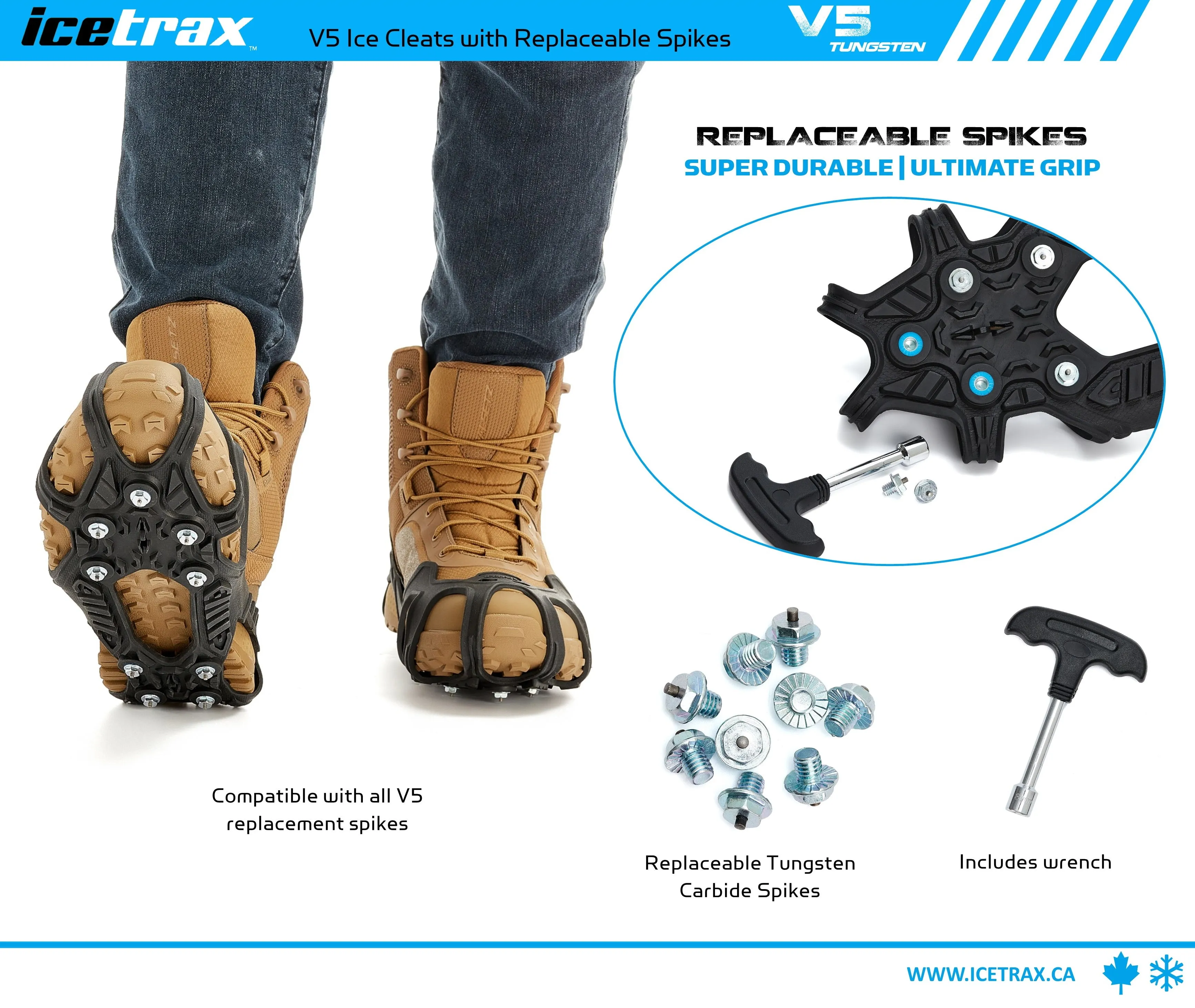 ICETRAX V5 Tungsten Ice Cleats, Easy to Replace Spikes