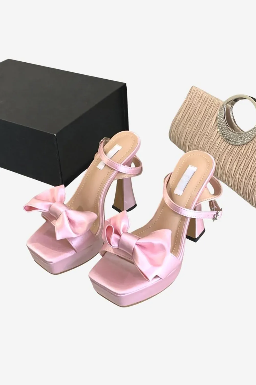 JOSKAA Woman Elegant high heel Pink Chunky High Heel Sandals with Bow