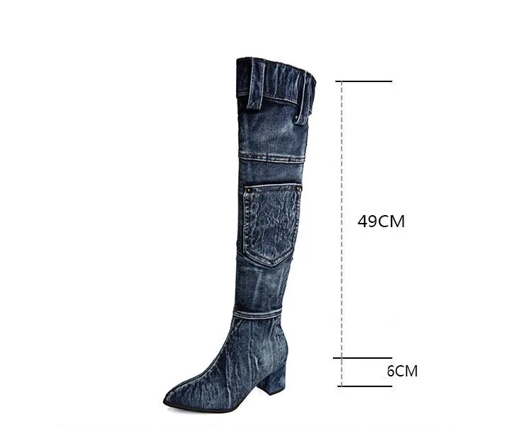 Knee-High High Heel Denim Chelsea Boots