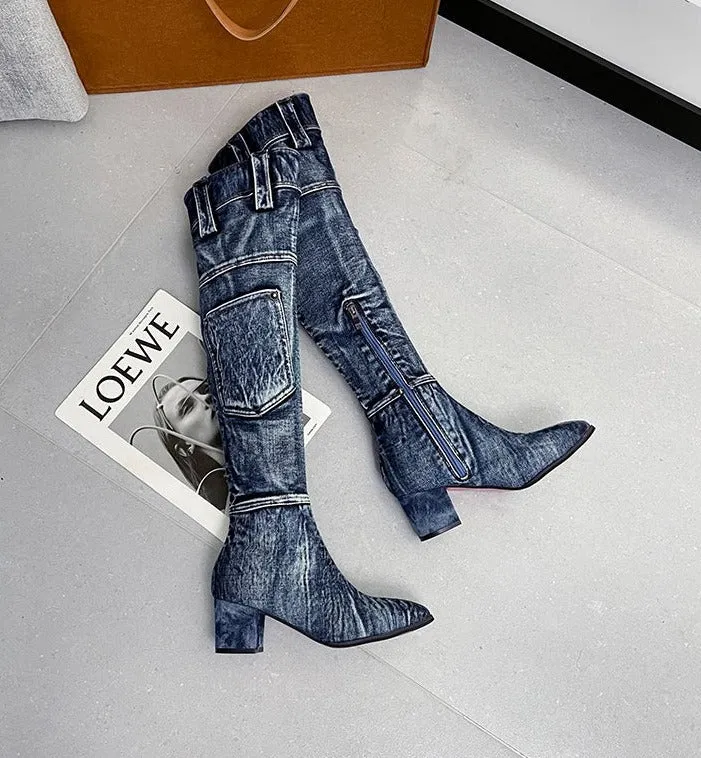 Knee-High High Heel Denim Chelsea Boots