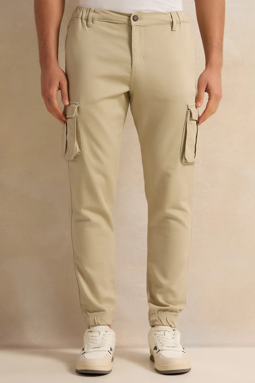 Men Beige Cargo Denim Jogger