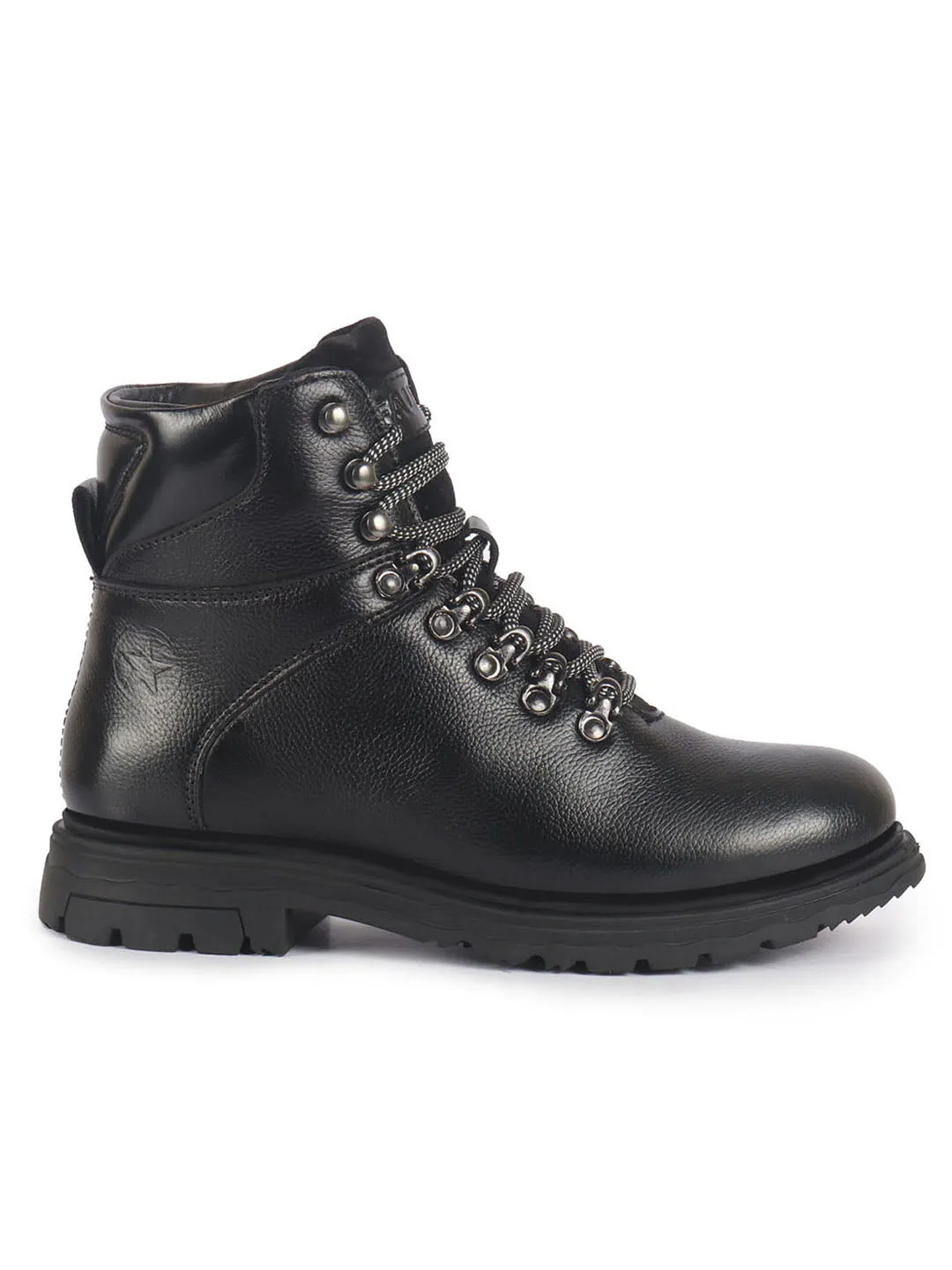 Men Black Genuine Leather 5-Hook Lace Up Boots for Trekking and Hiking|High Ankle Boots|Anti Skid Sole