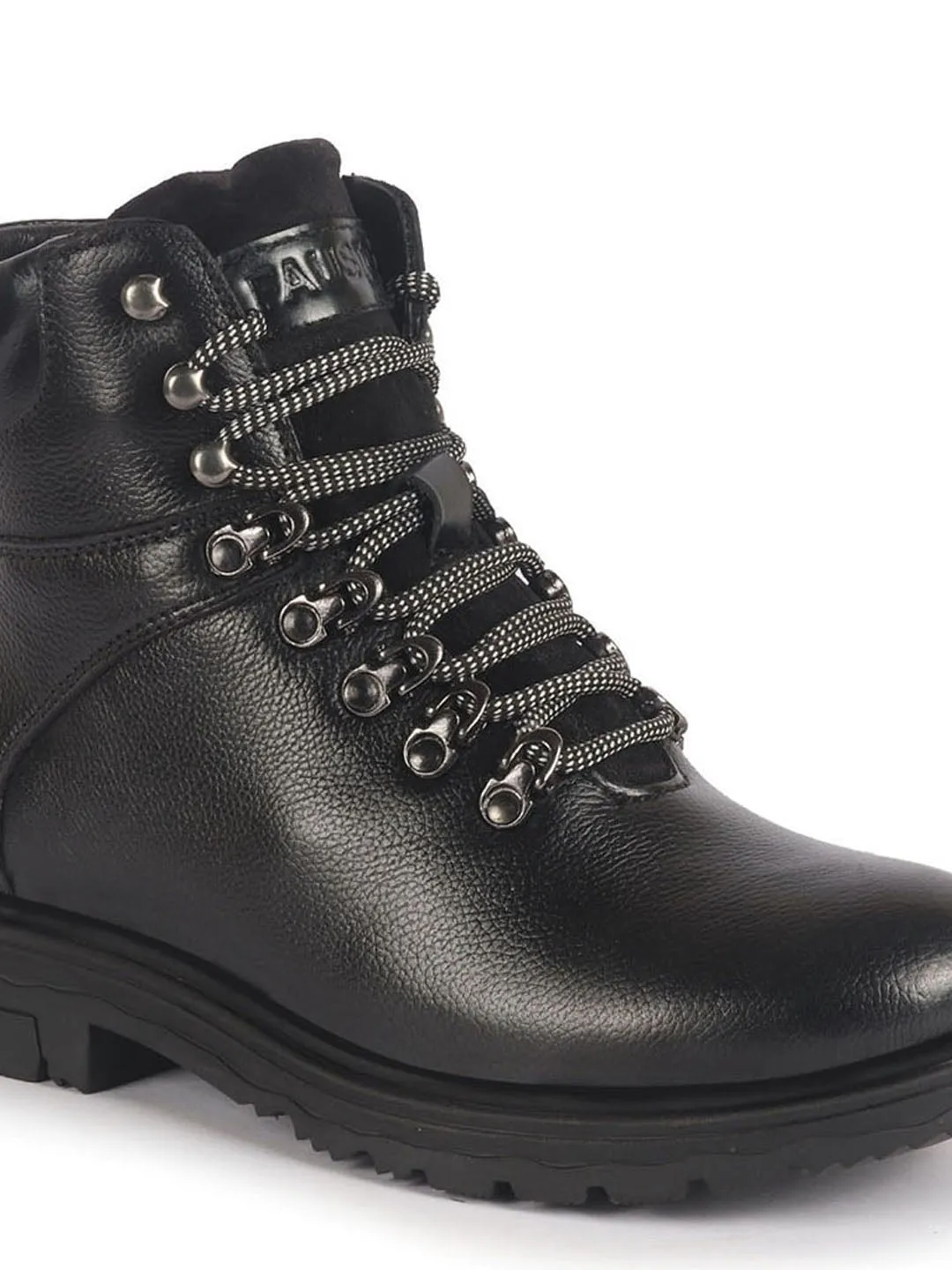 Men Black Genuine Leather 5-Hook Lace Up Boots for Trekking and Hiking|High Ankle Boots|Anti Skid Sole