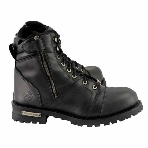 Milwaukee Leather Men's Black Lace-Up Wide-Width Motorcycle Leather Boots with Side Zipper Entry MBM9000W