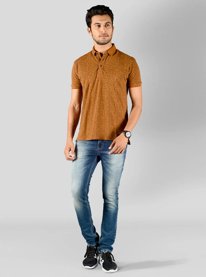 Mustard Brown Printed Slim Fit Polo T-shirt | JadeBlue