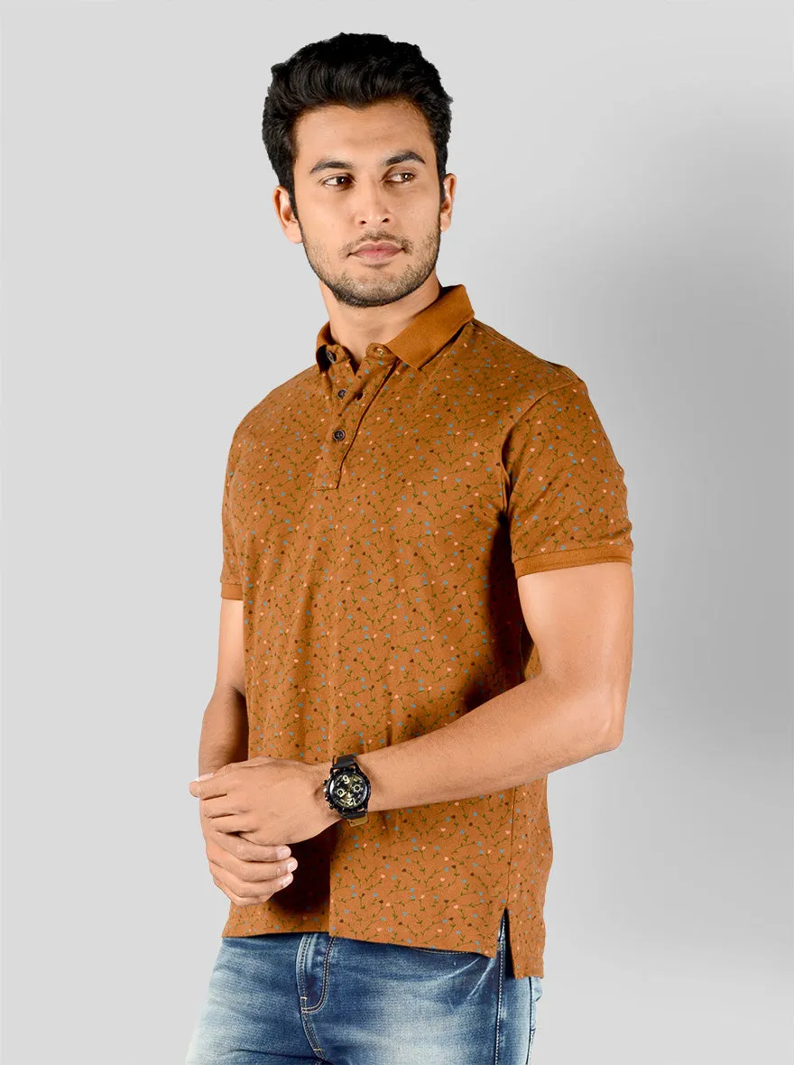 Mustard Brown Printed Slim Fit Polo T-shirt | JadeBlue