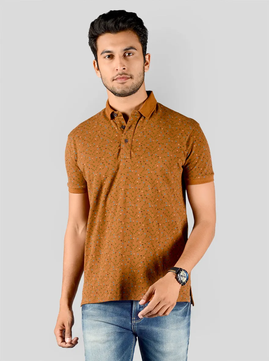 Mustard Brown Printed Slim Fit Polo T-shirt | JadeBlue