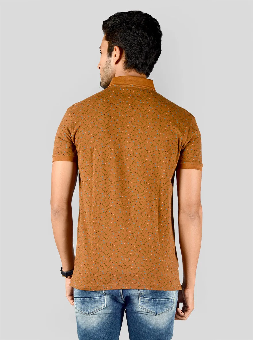 Mustard Brown Printed Slim Fit Polo T-shirt | JadeBlue