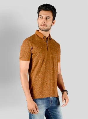 Mustard Brown Printed Slim Fit Polo T-shirt | JadeBlue