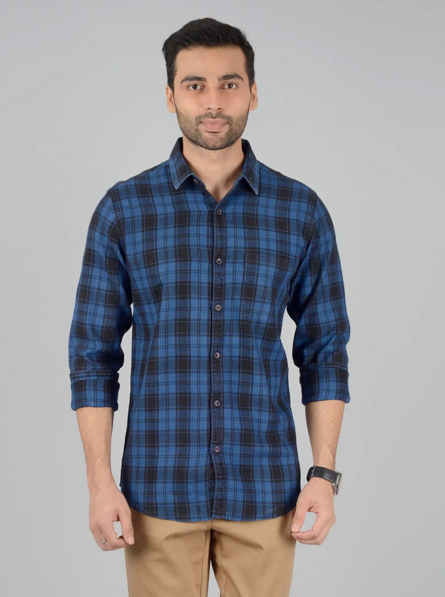 Navy Blue Checked Slim Fit Casual Shirt | JadeBlue