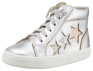 Old Soles Girl's and Boy's 6033 Stardom Silver Smooth Leather with Stars Elastic Lace Side Zipper High Top Sneaker