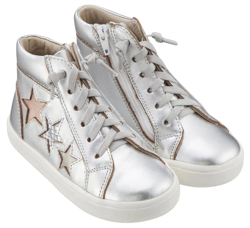 Old Soles Girl's and Boy's 6033 Stardom Silver Smooth Leather with Stars Elastic Lace Side Zipper High Top Sneaker