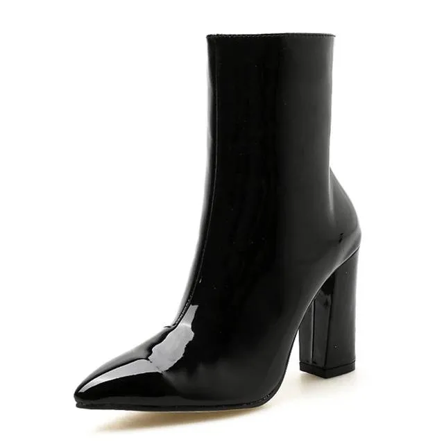 Patent Leather Chunky Heel Metallic Mirror Ankle Boots