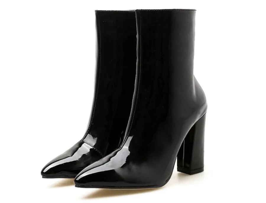 Patent Leather Chunky Heel Metallic Mirror Ankle Boots