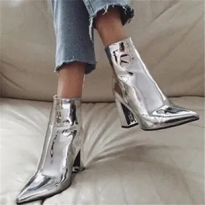 Patent Leather Chunky Heel Metallic Mirror Ankle Boots