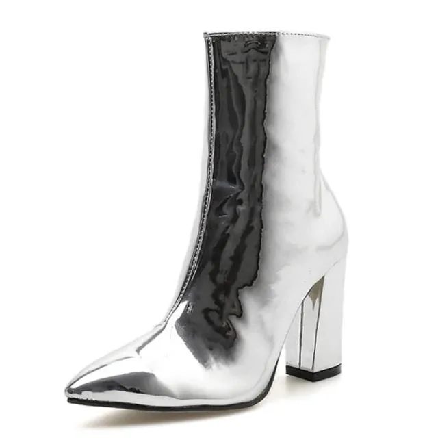 Patent Leather Chunky Heel Metallic Mirror Ankle Boots