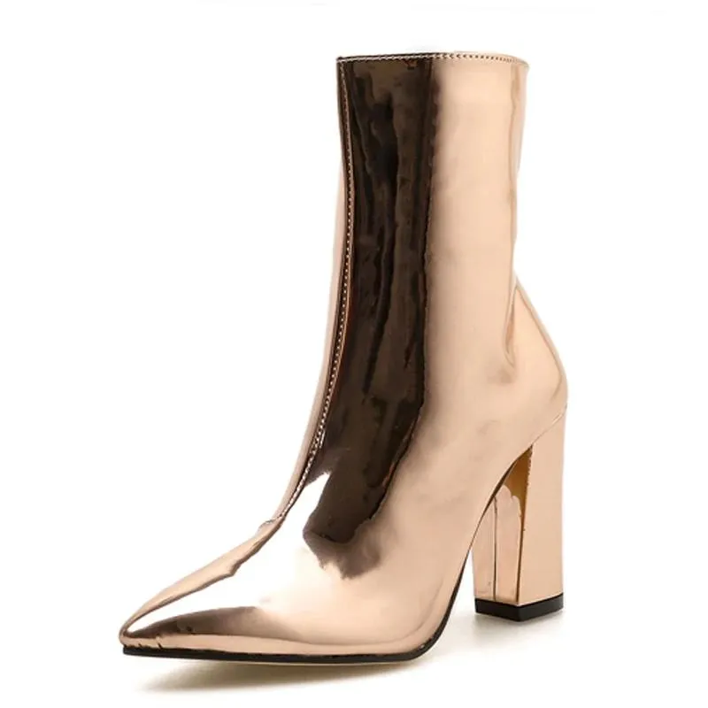 Patent Leather Chunky Heel Metallic Mirror Ankle Boots