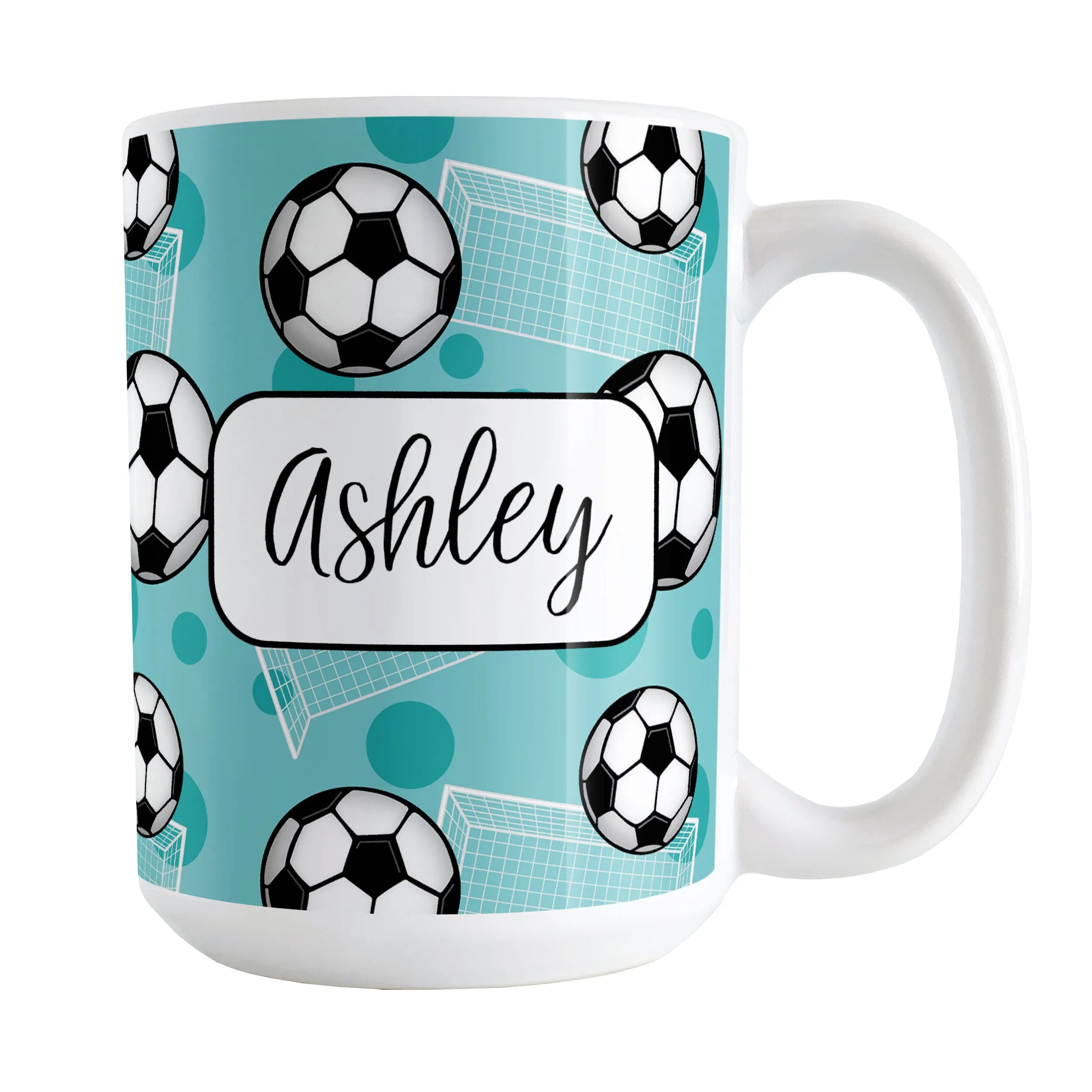 Personalized Teal Soccer Ball and Goal Mug