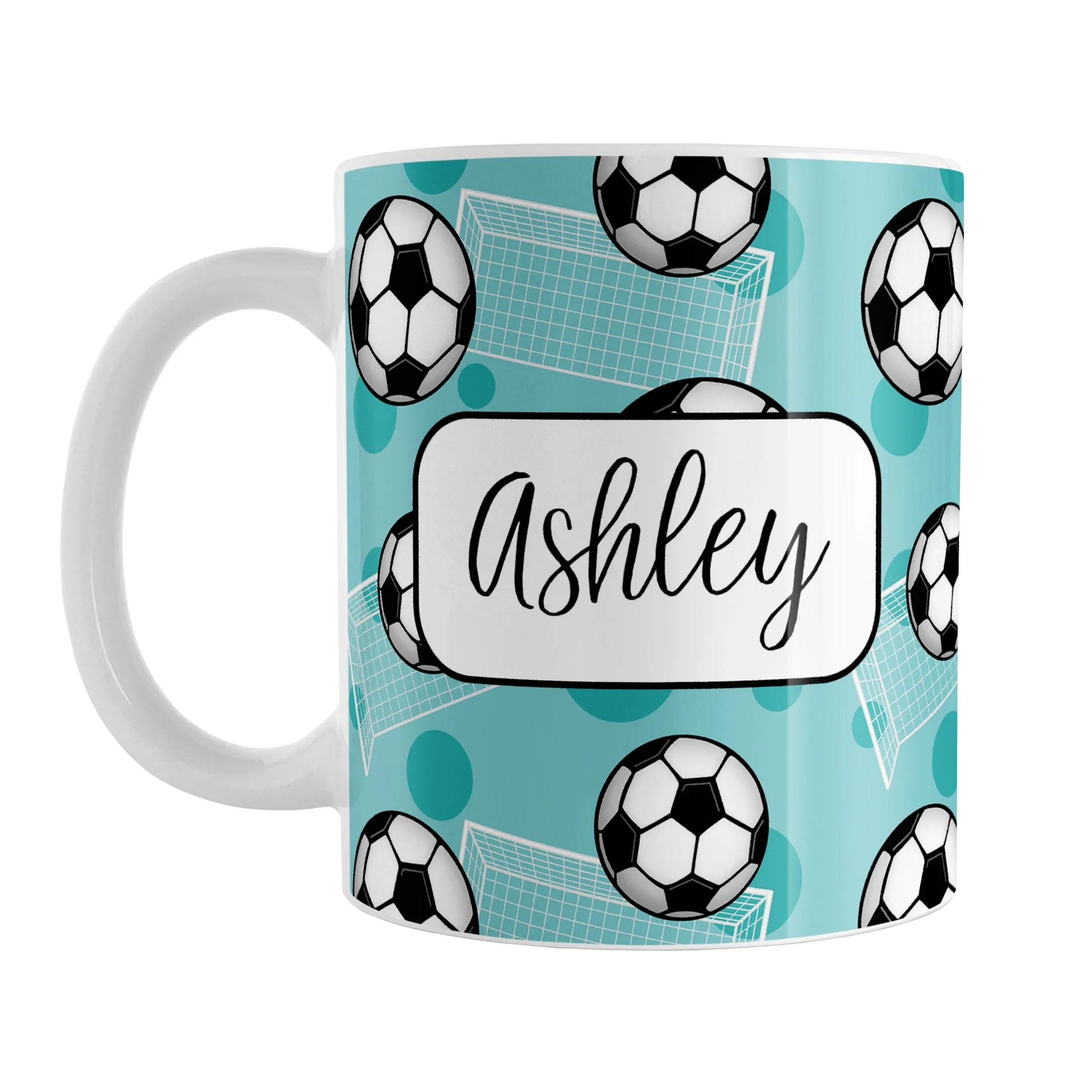 Personalized Teal Soccer Ball and Goal Mug