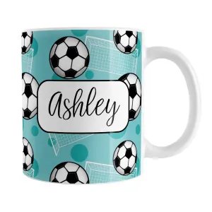 Personalized Teal Soccer Ball and Goal Mug