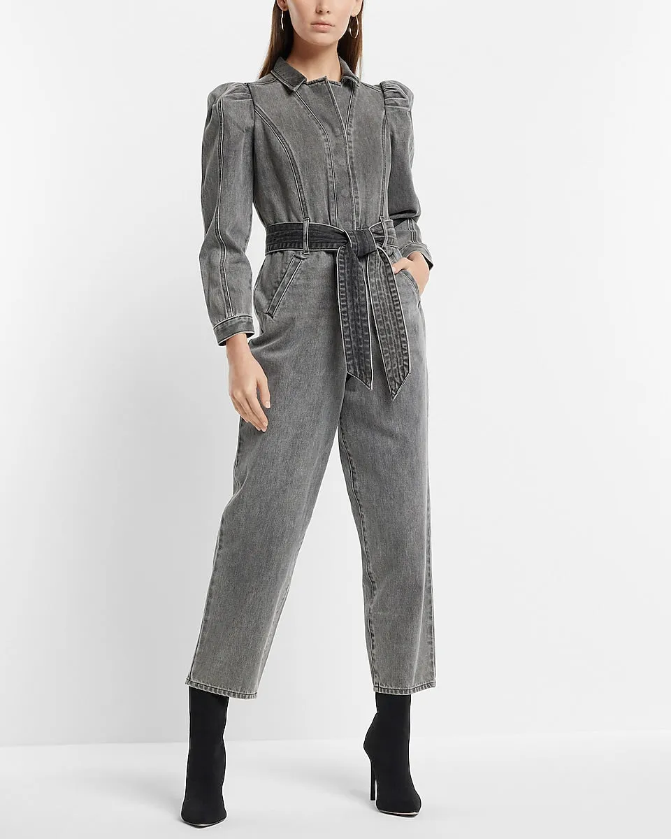 Puff Sleeve Tie Waist Gray Wash Denim Jumpsuit in Dark Wash