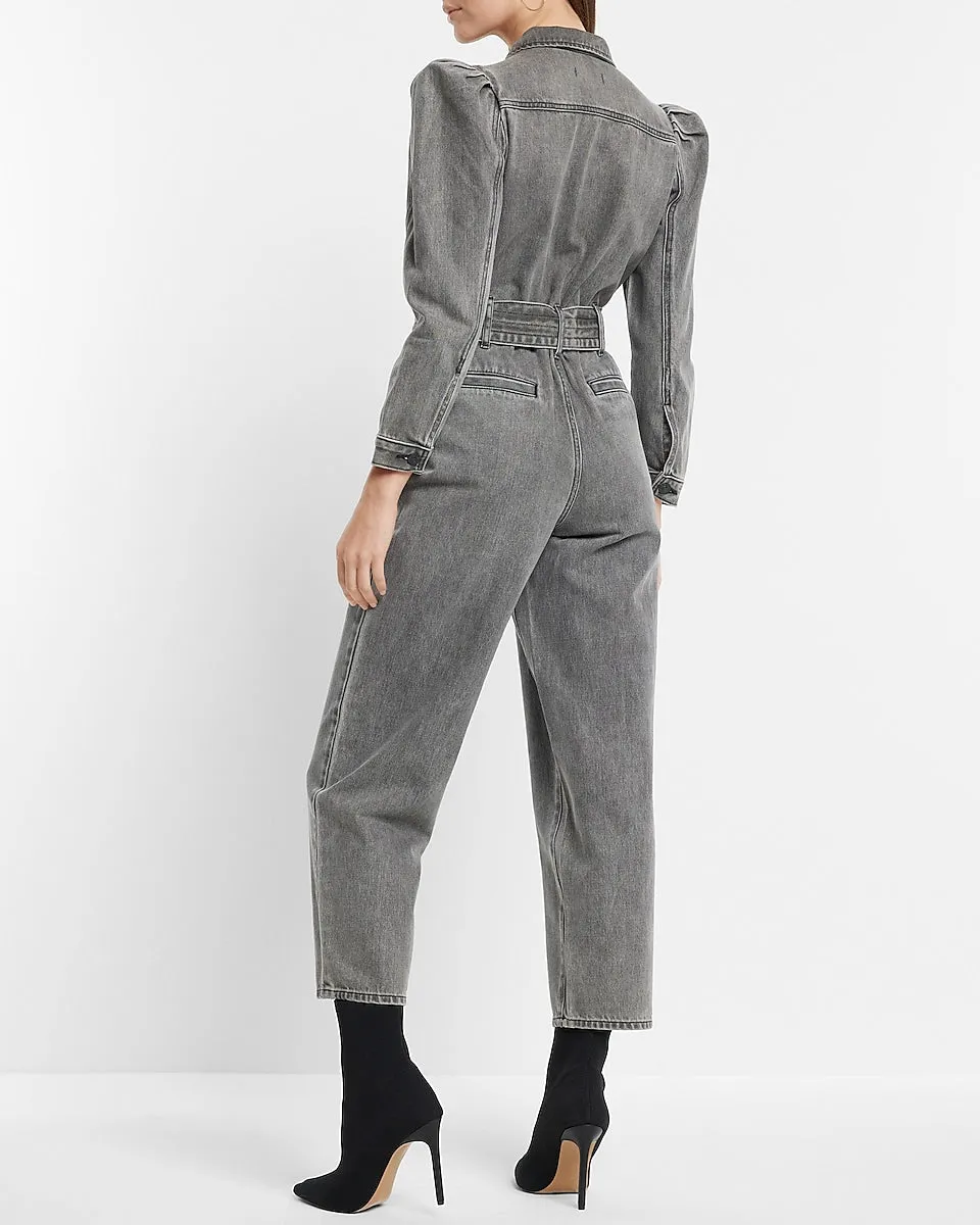 Puff Sleeve Tie Waist Gray Wash Denim Jumpsuit in Dark Wash