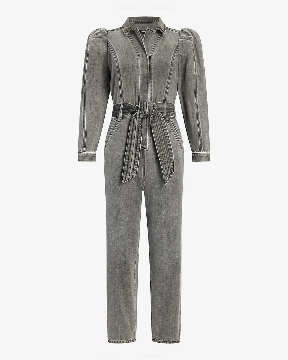 Puff Sleeve Tie Waist Gray Wash Denim Jumpsuit in Dark Wash