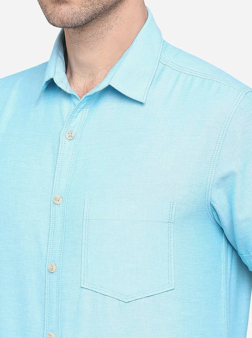 Sky Blue Solid Slim Fit Casual Shirt | Greenfibre