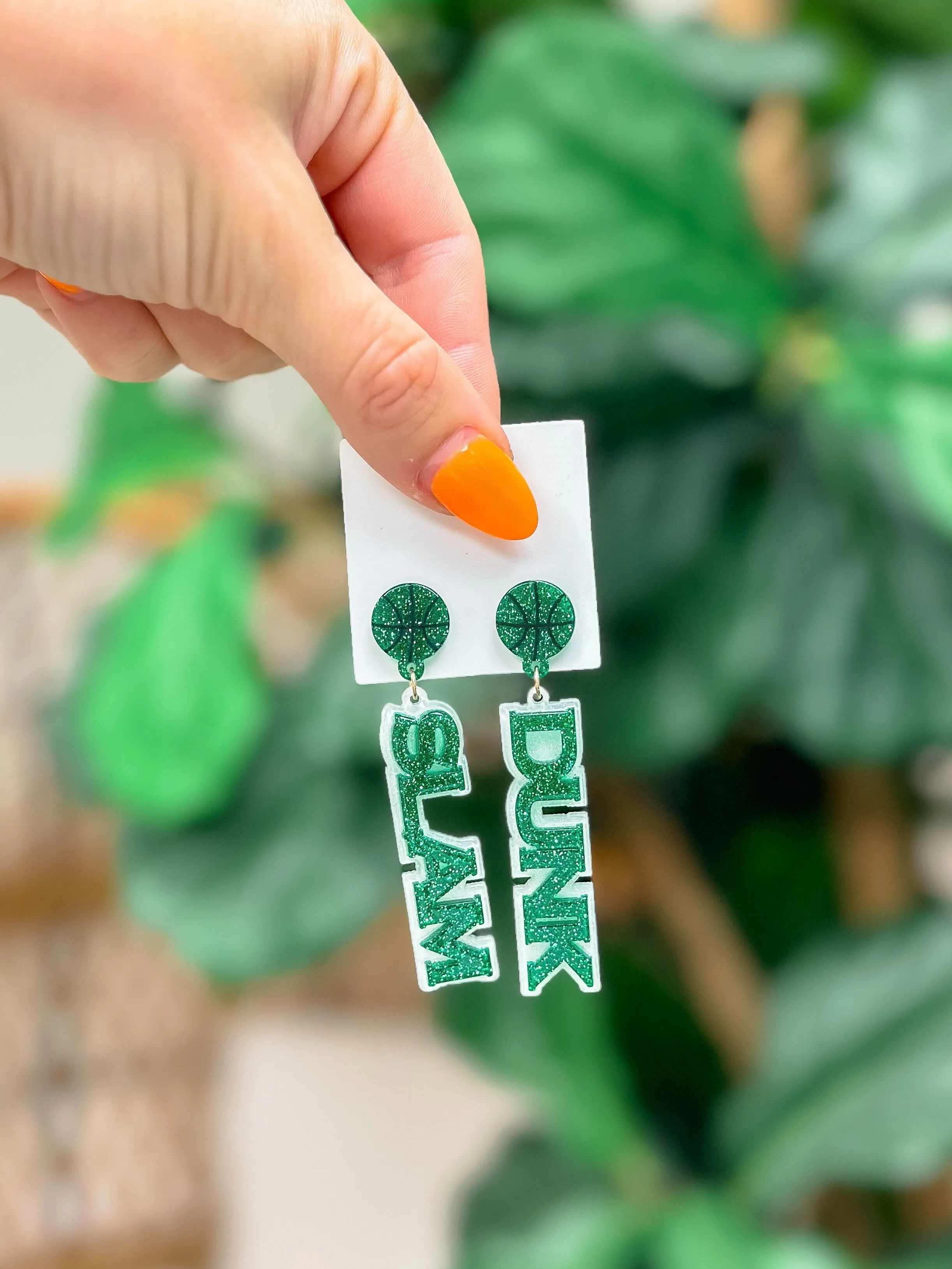 'Slam Dunk' Statement Dangle Earrings - Green & White Glitter