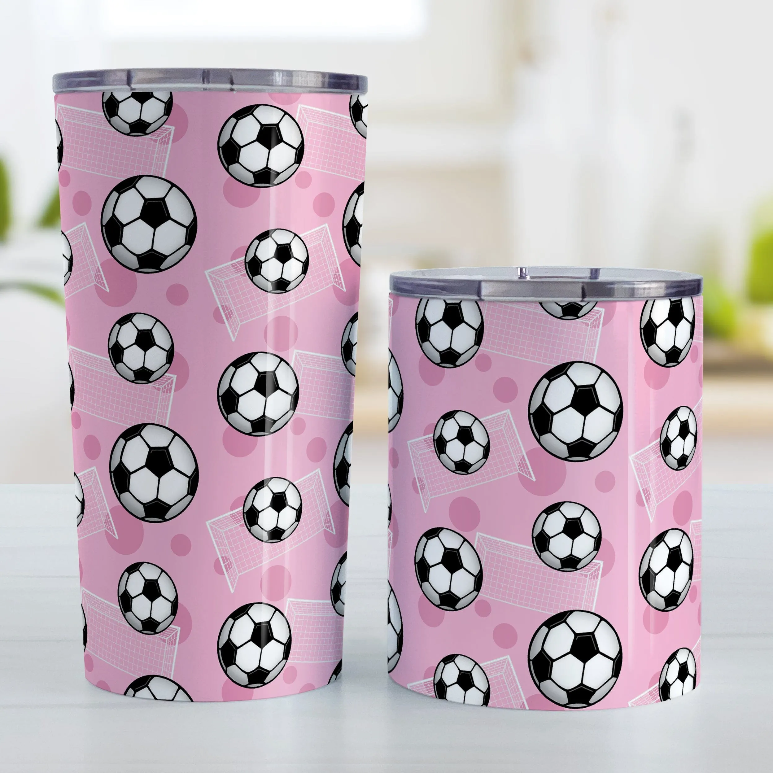 Soccer Ball and Goal Pattern Pink Tumbler Cup