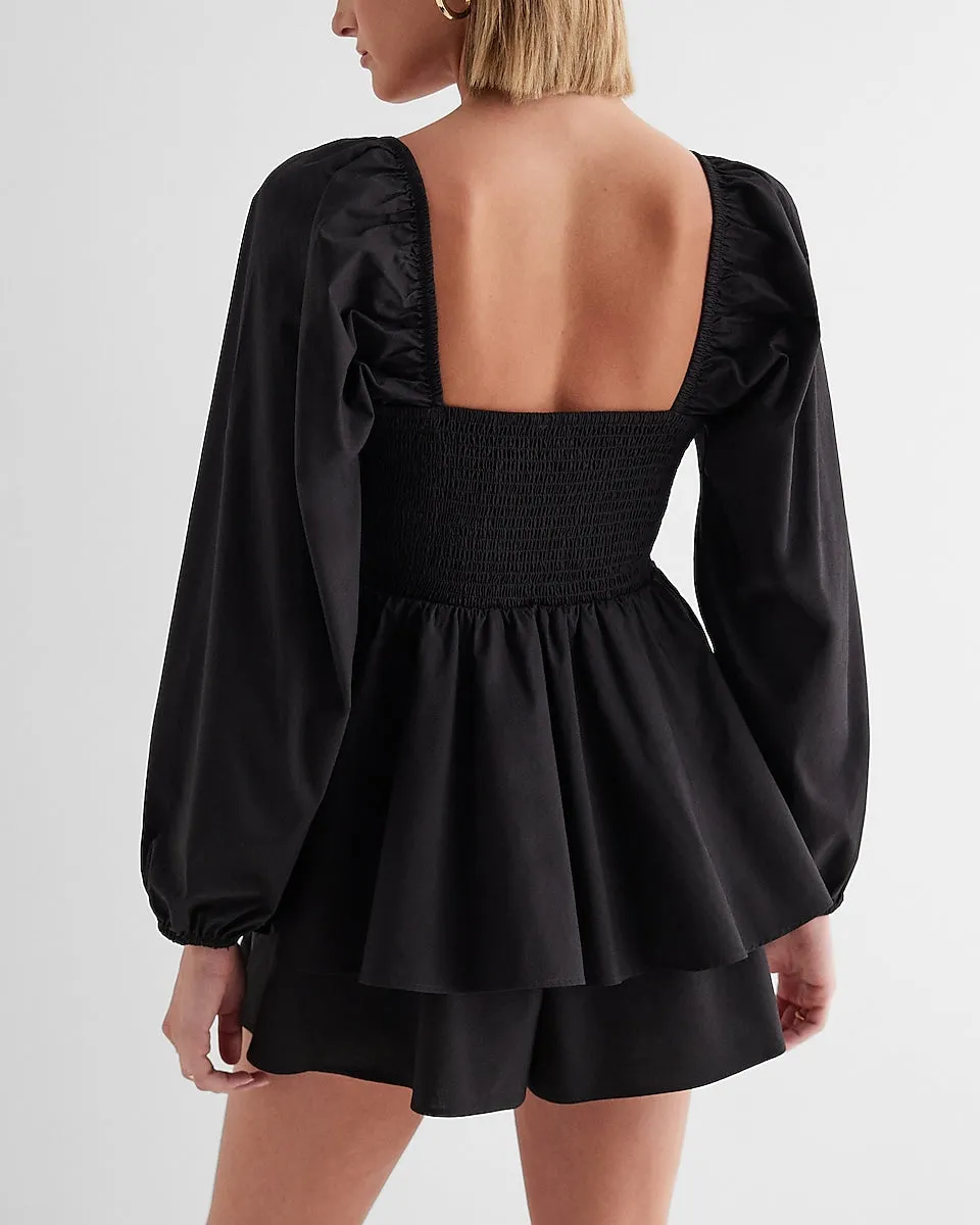 Square Neck Long Sleeve Smocked Poplin Romper in Pitch Black