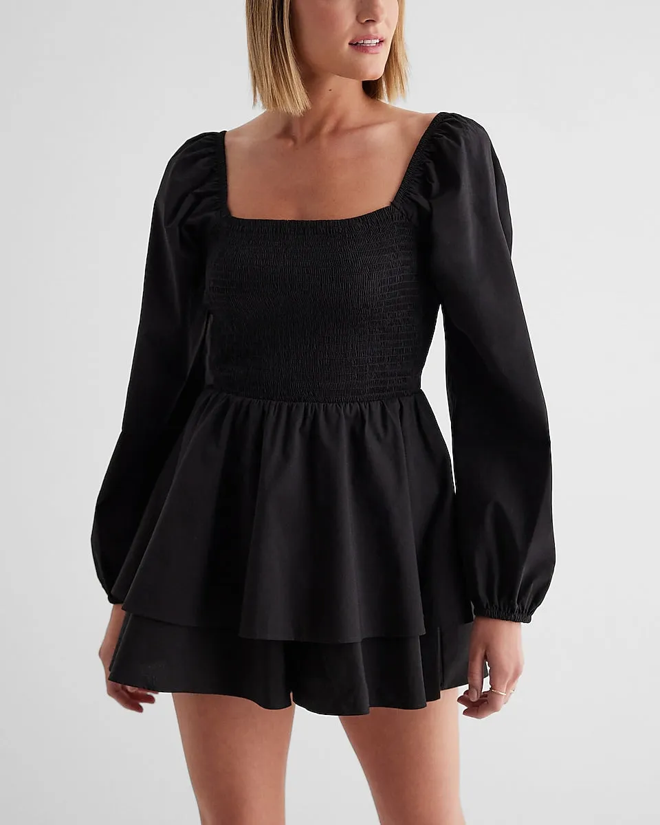 Square Neck Long Sleeve Smocked Poplin Romper in Pitch Black