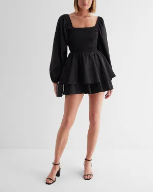 Square Neck Long Sleeve Smocked Poplin Romper in Pitch Black