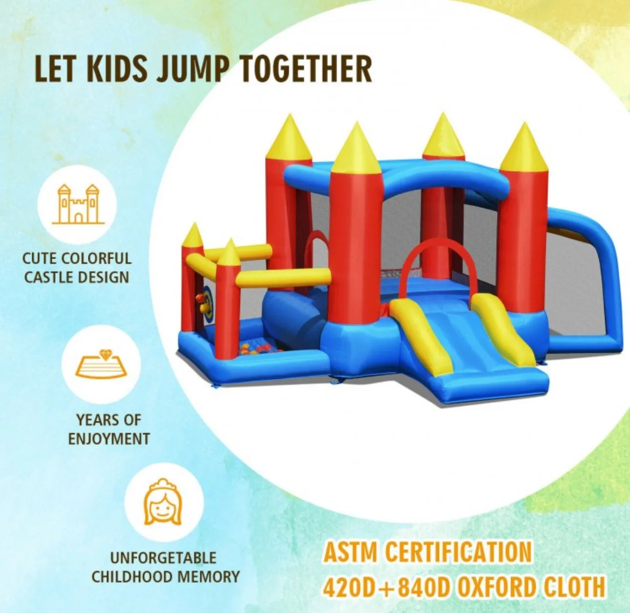 Super Cute & Colourful Inflatable Kids Bouncy Slide Jumping Castle House With 740W Blower | Indoor / Outdoor,Basketball,Football,Ball Pit,Carry Bag