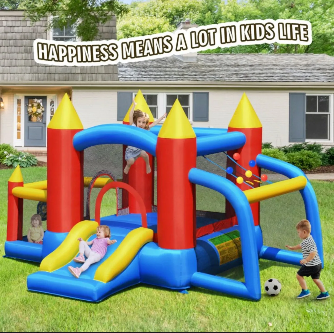 Super Cute & Colourful Inflatable Kids Bouncy Slide Jumping Castle House With 740W Blower | Indoor / Outdoor,Basketball,Football,Ball Pit,Carry Bag