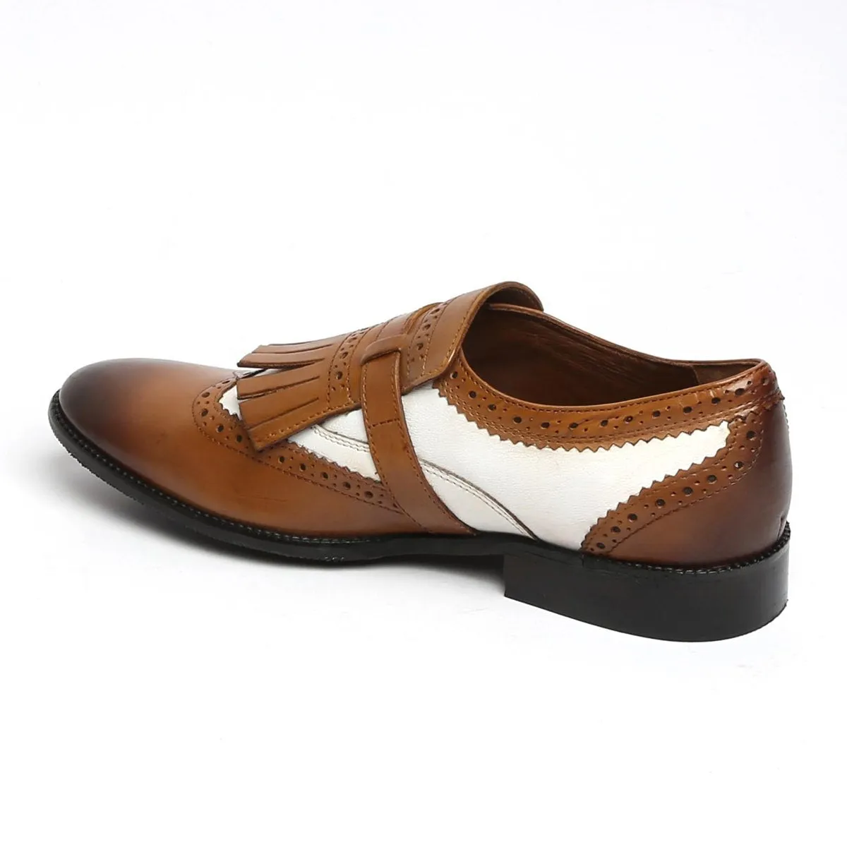 Tan/White Leather Fringed Single Monk Strap Shoes By Brune & Bareskin