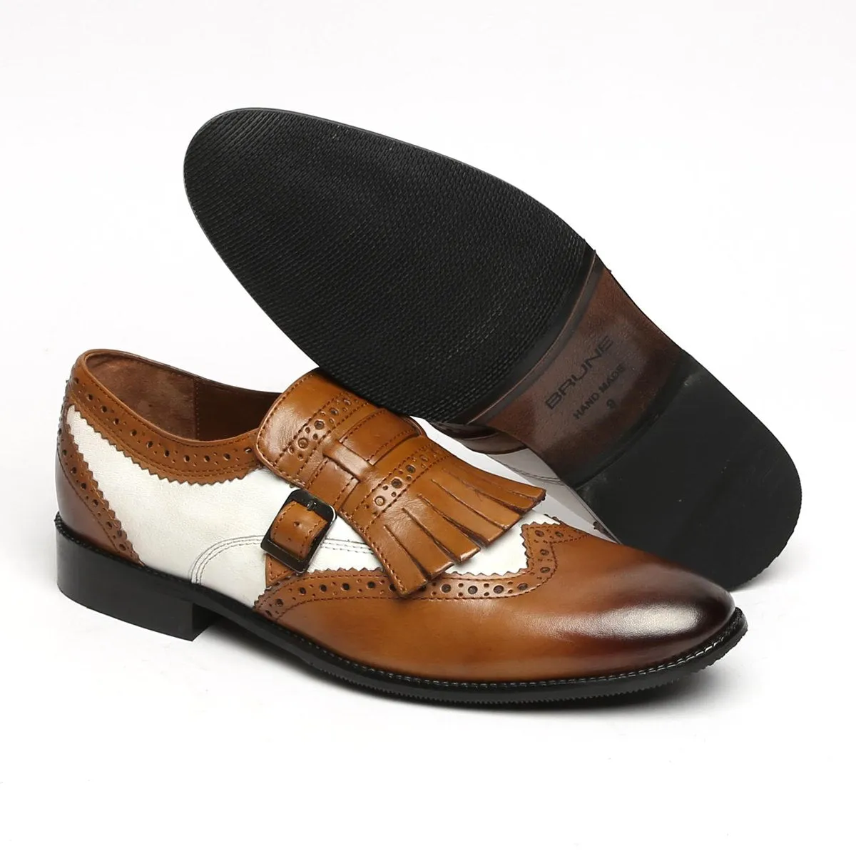 Tan/White Leather Fringed Single Monk Strap Shoes By Brune & Bareskin