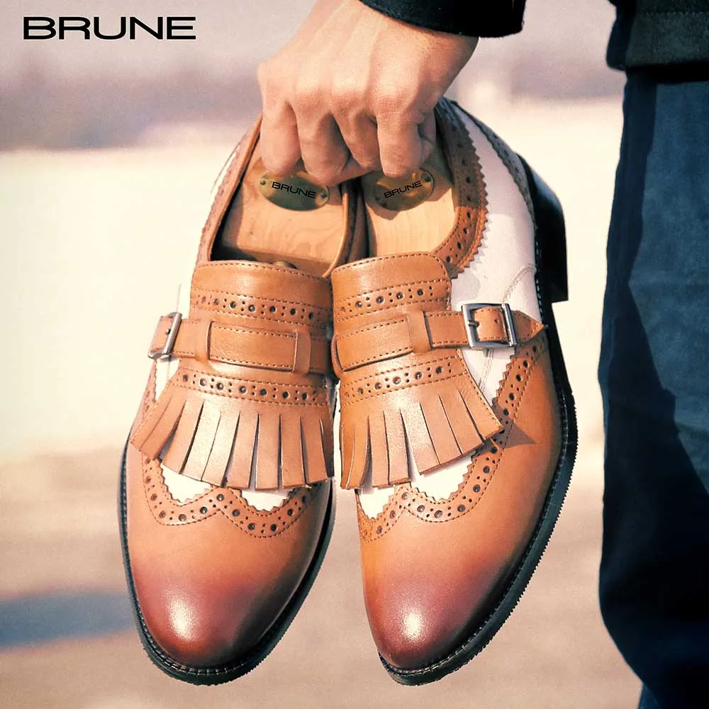 Tan/White Leather Fringed Single Monk Strap Shoes By Brune & Bareskin