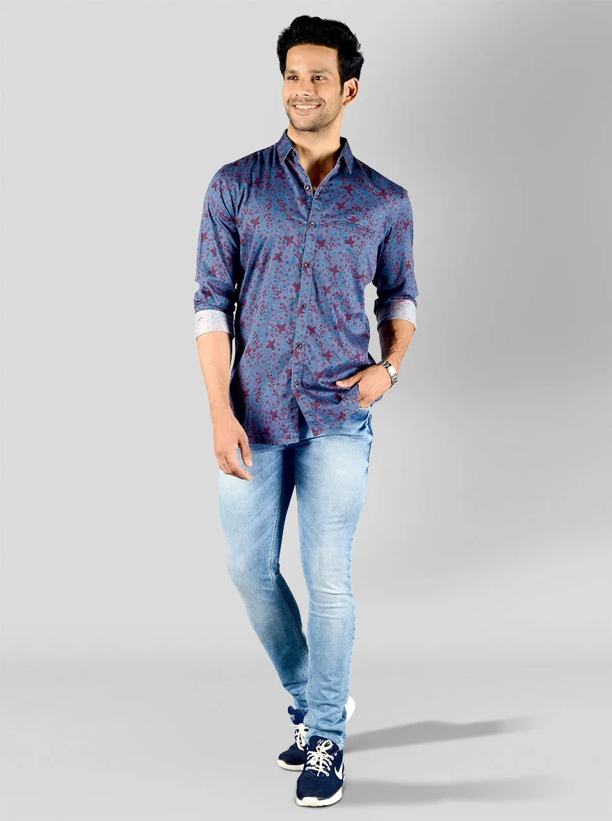 Teal Blue Printed Slim Fit Casual Shirt | JadeBlue