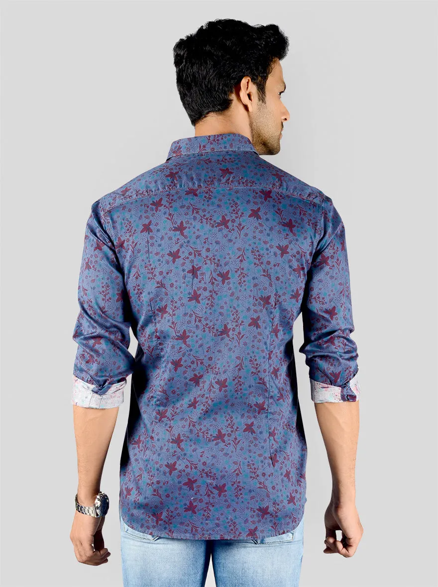 Teal Blue Printed Slim Fit Casual Shirt | JadeBlue