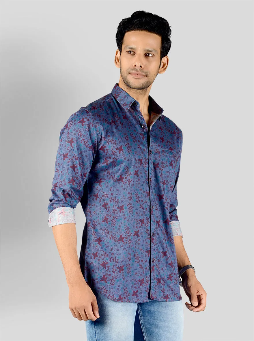 Teal Blue Printed Slim Fit Casual Shirt | JadeBlue